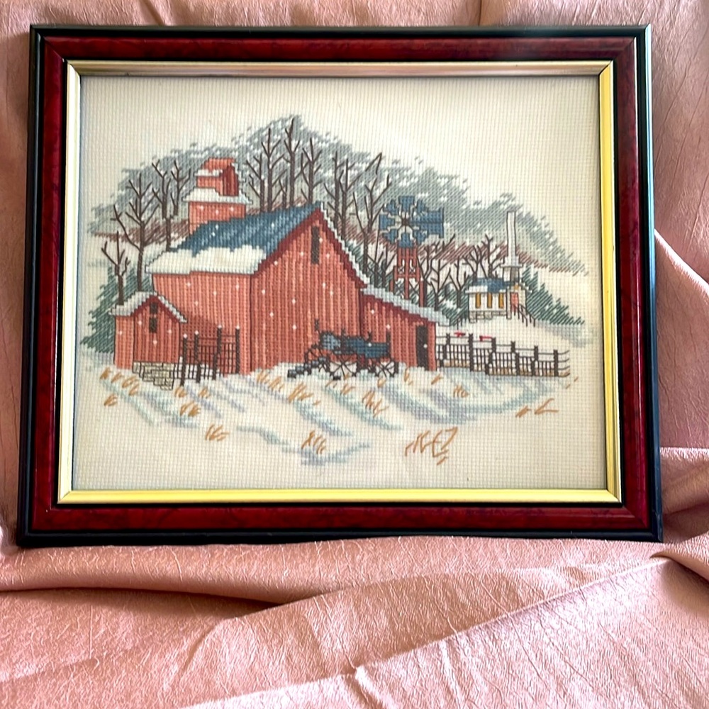 Cross Stitch “Barn in snow fall”.  Framed with glass. Vintage.
